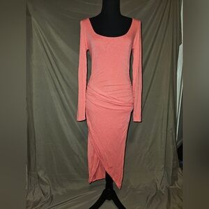 Bebe Pink Asymmetrical Ruched Bodycon Dress